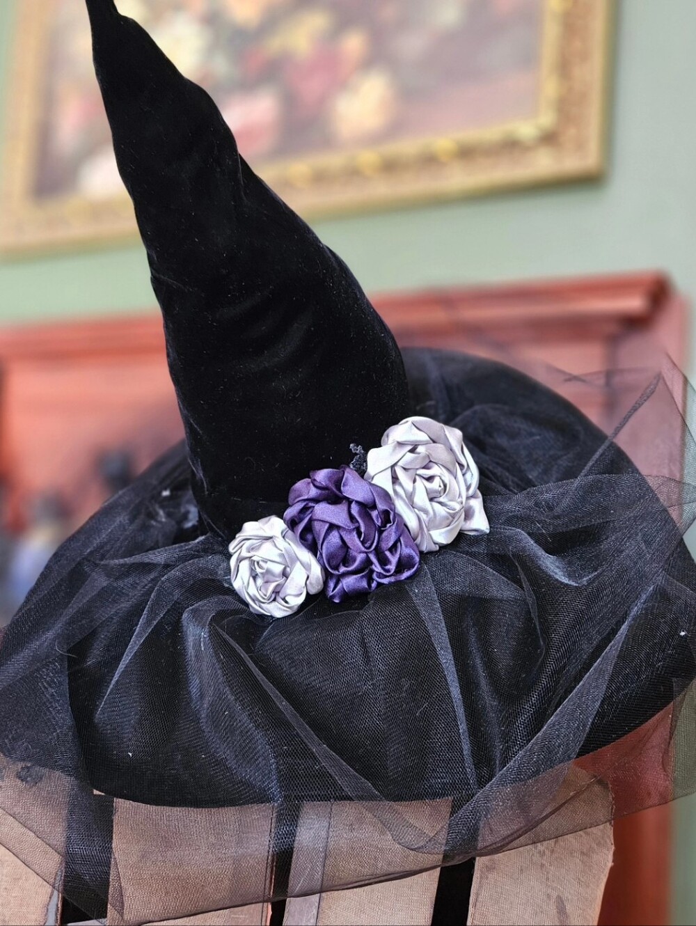 Black Witch Hat with Purple and Silver Flower Accents